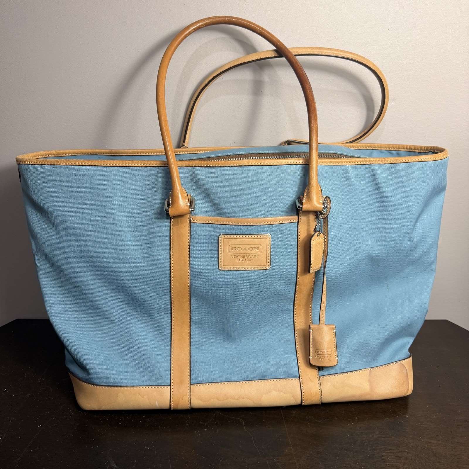 Retired 2003 Coach 18x12 Tote Light Blue Canvas & Tan Leather Dual Handle, $495